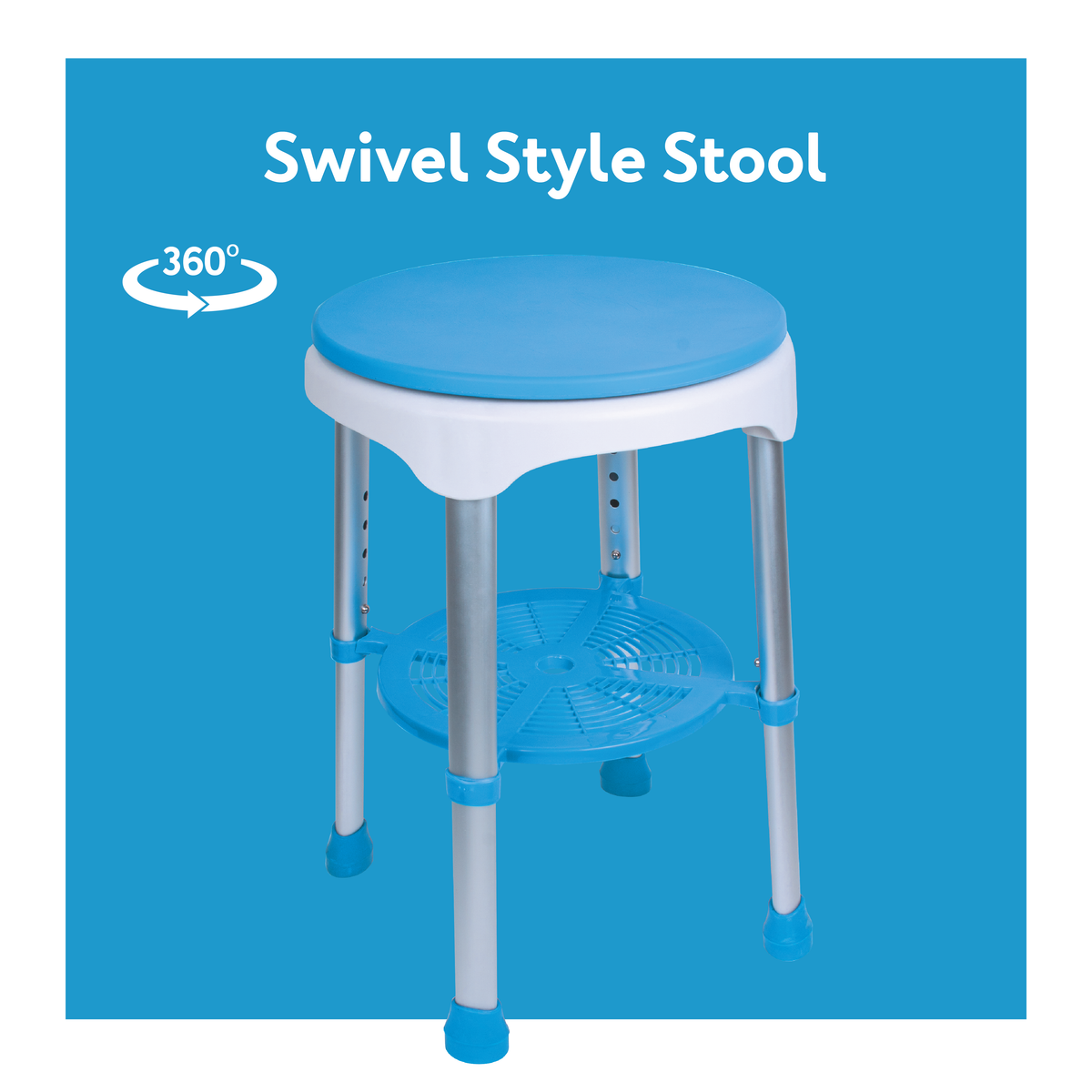 A shower stool with a 360 degree icon next to its seat. Text, “Swivel style stool”