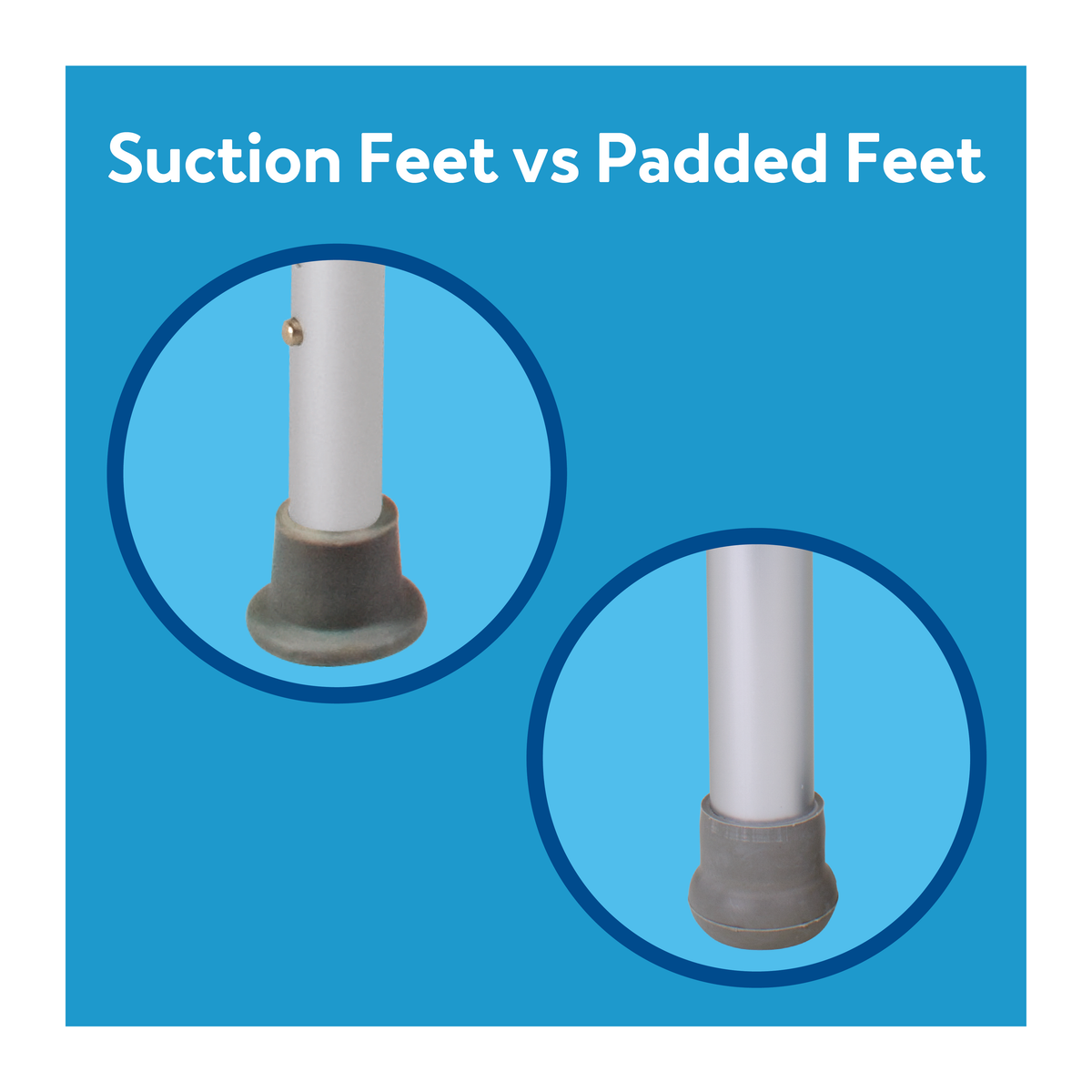 Two shower seat feet. Text, “suction feet vs padded feet”