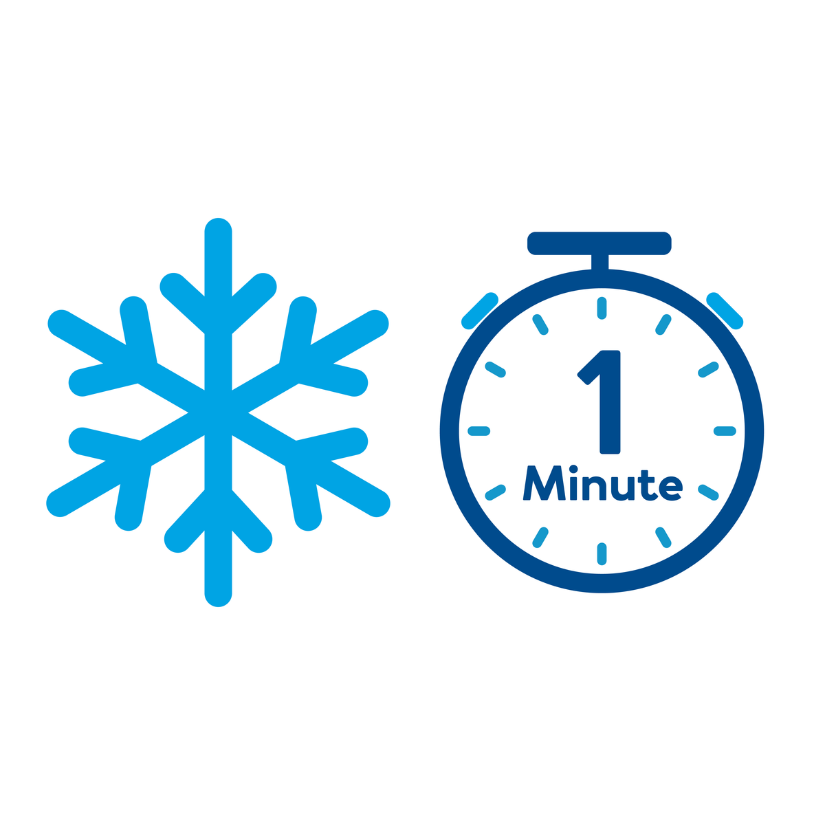 A graphic of a snowflake icon with a clock and “1 minute” in it