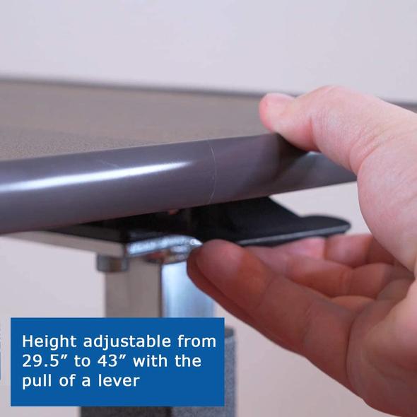 Hand adjusting overbed table height lever. Text,Height adjustable from 29.5 to 43 with the pull of a lever.