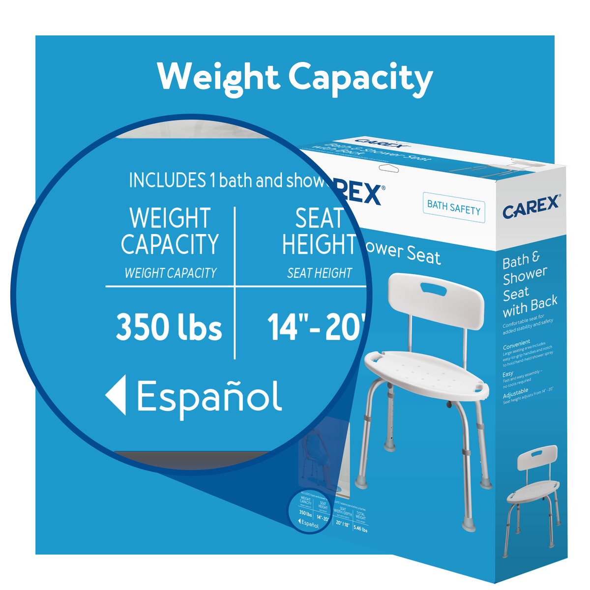 A shower seat box with its weight capacity magnified. Text, “Weight capacity”