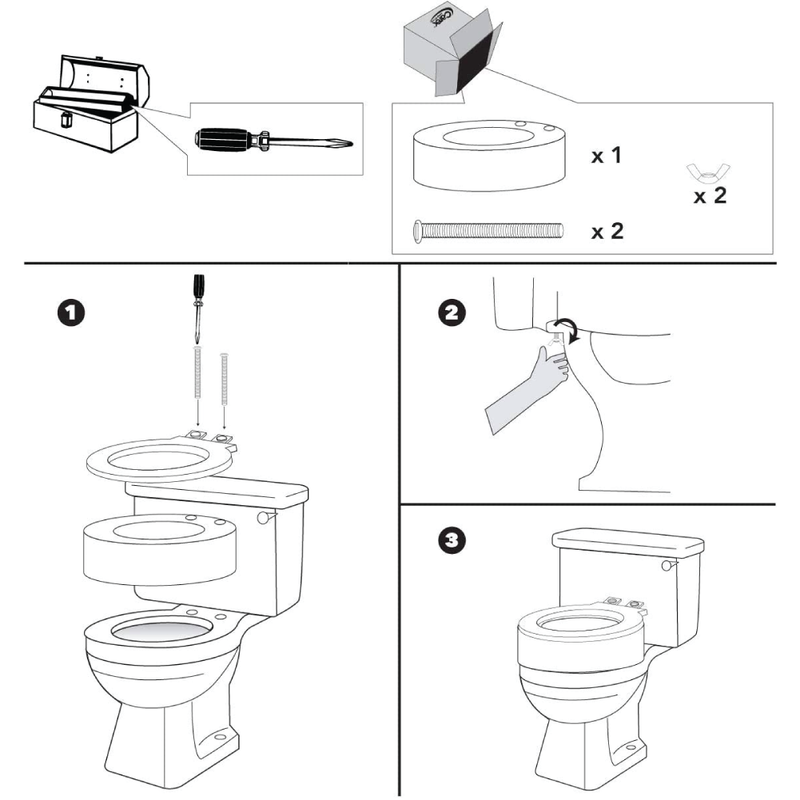 A diagram of the Carex Toilet Seat Elevator being installed