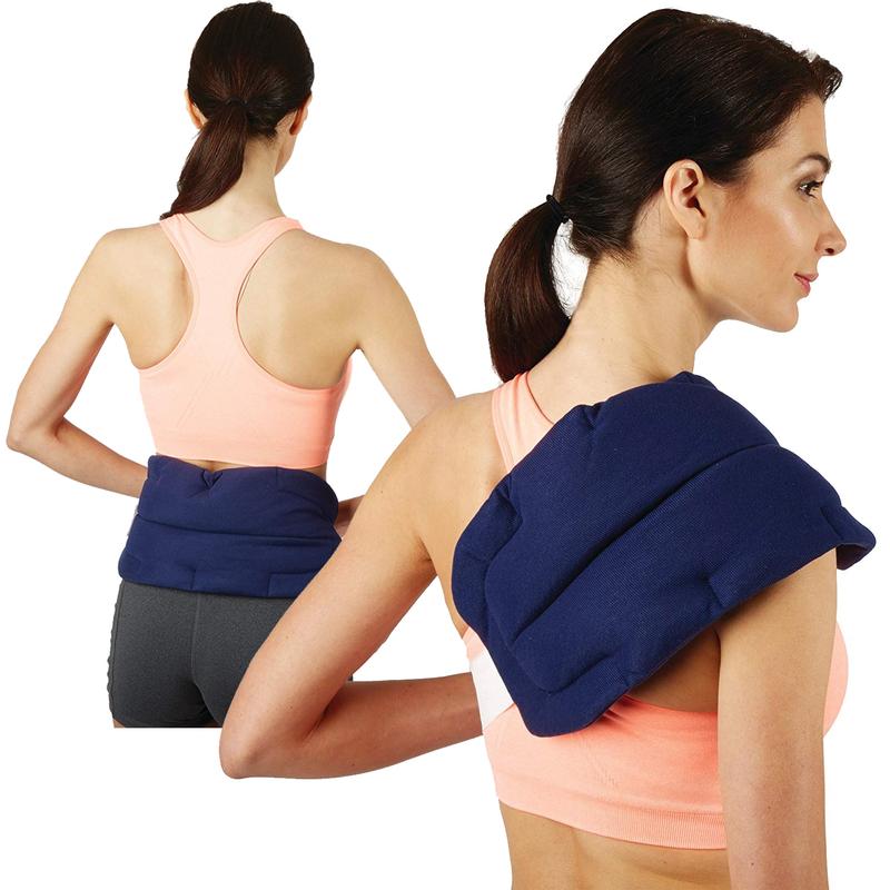 Two women with a wrap on their shoulder and lower back