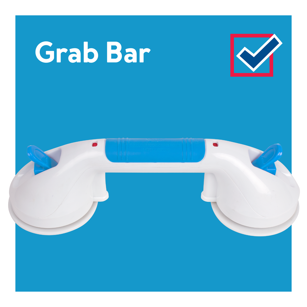 A grab bar on a blue background and checkmark