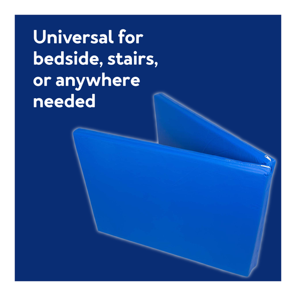 The Roscoe fall mat on a blue background. Text, Universal for bedside, stairs, or anywhere needed