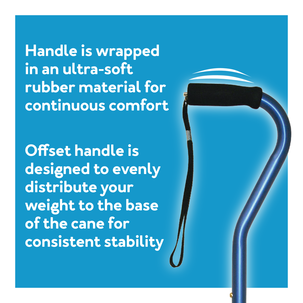 The Carex Designer Offset Walking Cane on a blue background. Text showing soft handle and offset design