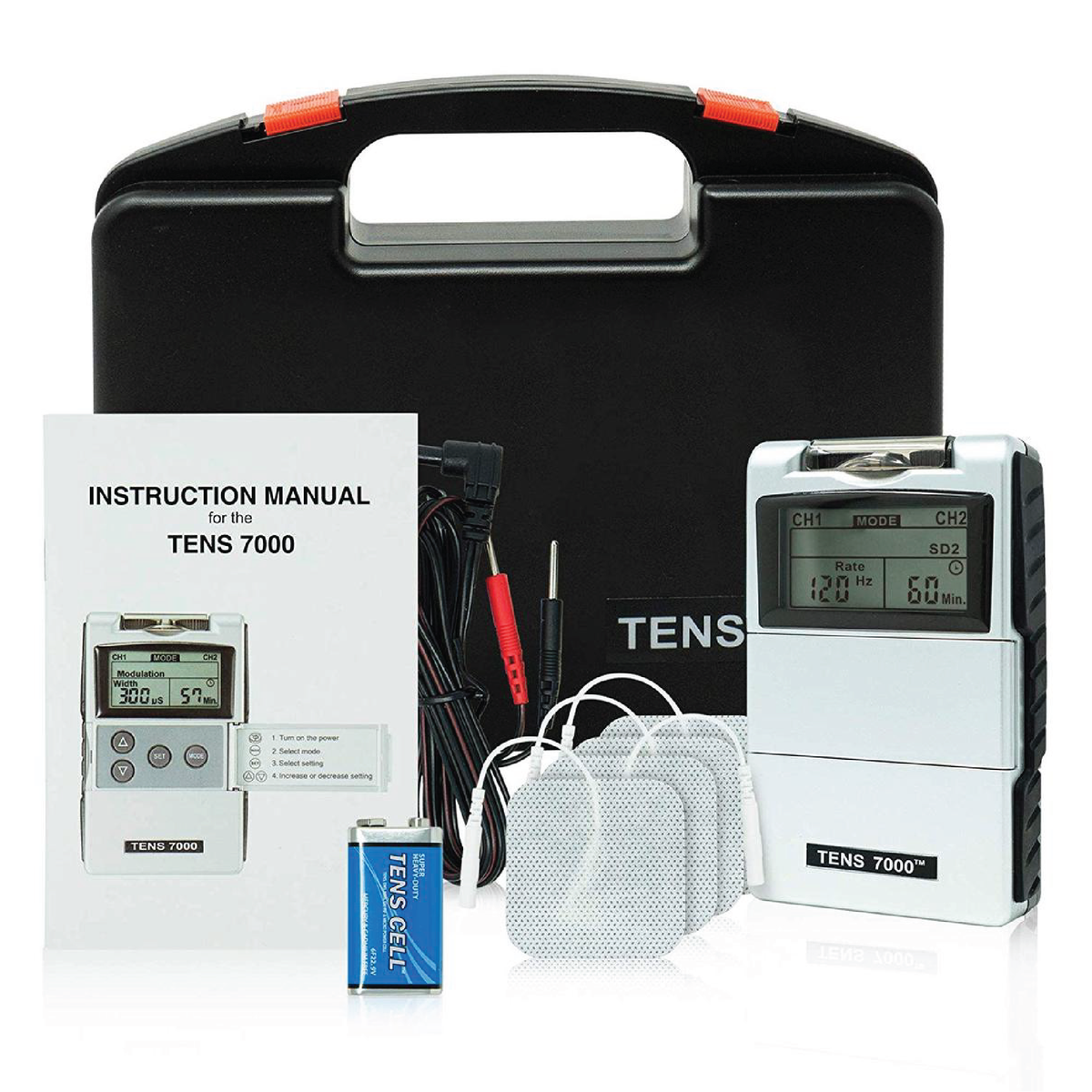 A TENS unit next to its carrying case and accessories