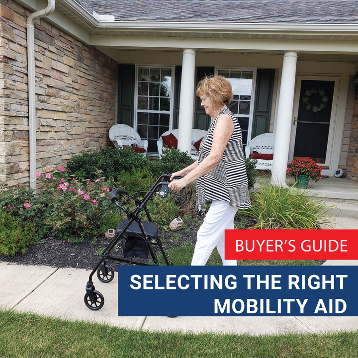 A woman using a rollator outside. Text, “Buyer’s Guide: Selecting the Right Mobility Aid