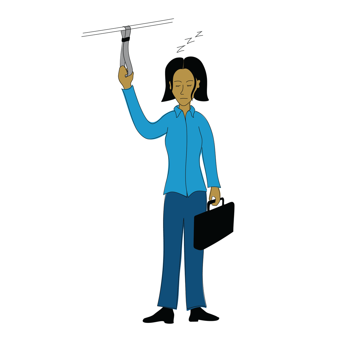 A graphic of a woman holding a bus strap sleeping during the day