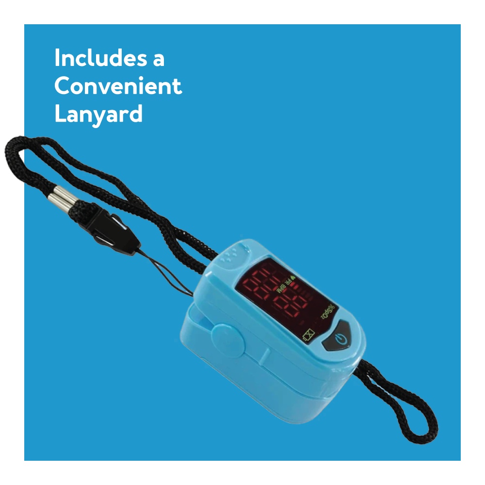 The Carex Finger Pulse Oximeter on a blue background with text: includes a convenient lanyard