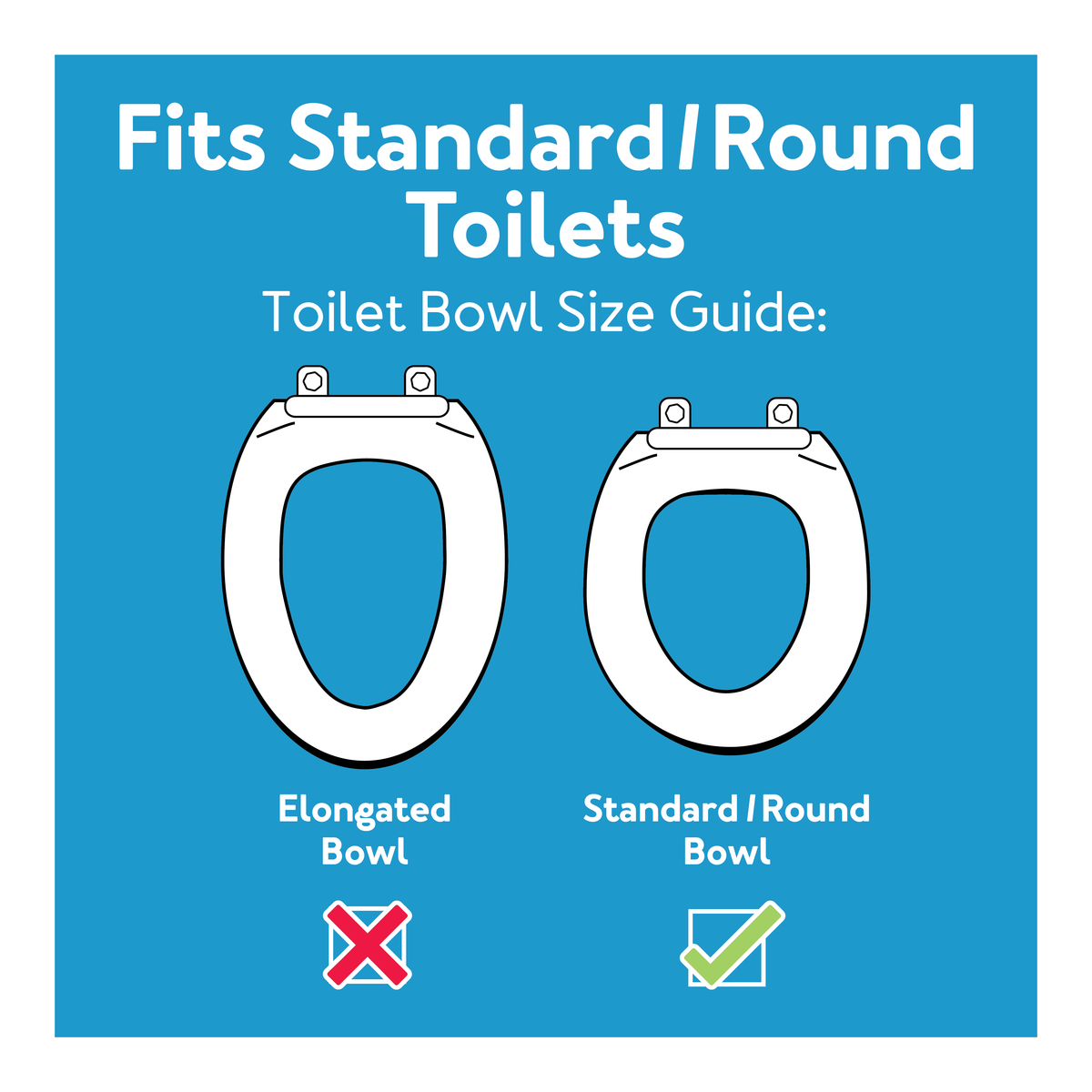 A standard and elongated toilet bowl next to each other. Text, Fits Standard/Round Toilets