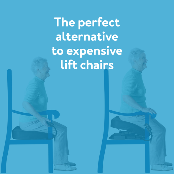 Elderly woman standing with Carex Uplift Premium Power Seat. Text: The perfect alternative to expensive lift chairs