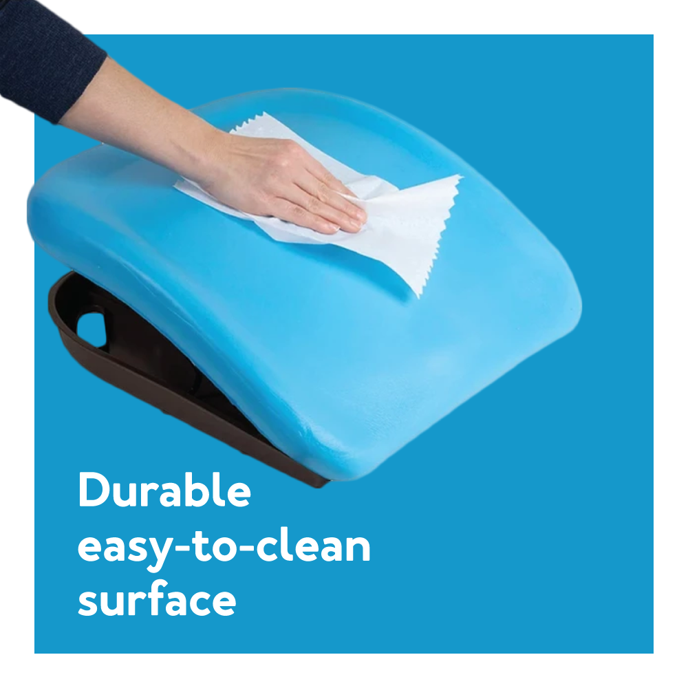 The Carex Upeasy Seat Assist on a blue background being cleaned. Text, “Durable easy to clean surface”