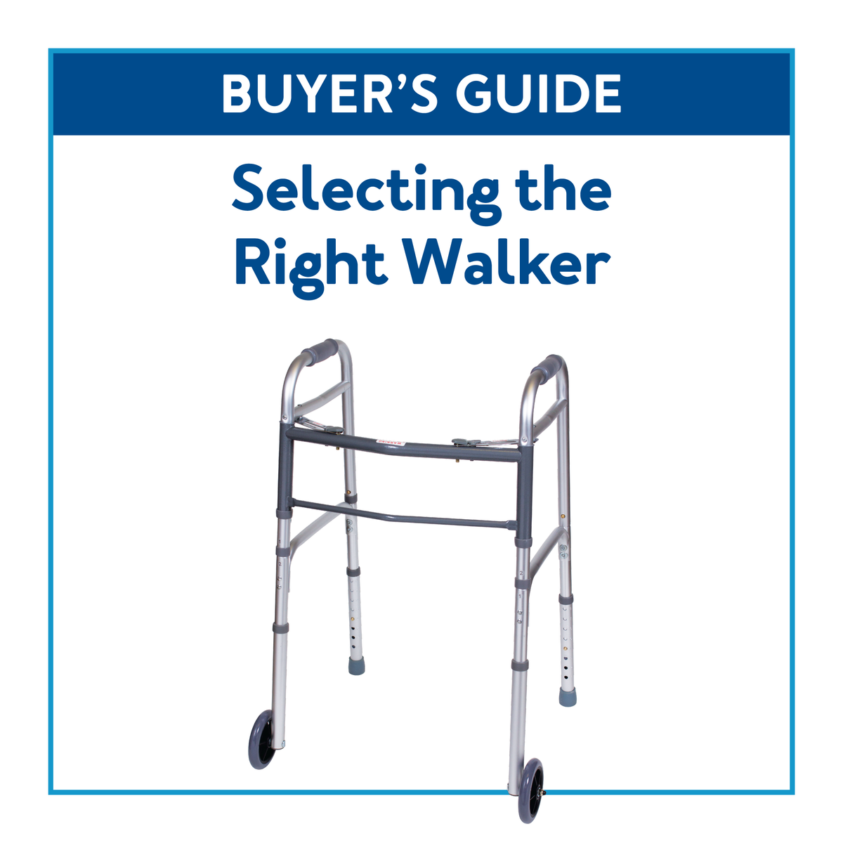 A buyer’s guide cover image with a walker. Text, Buyer’s Guide: Selecting the Best Walker