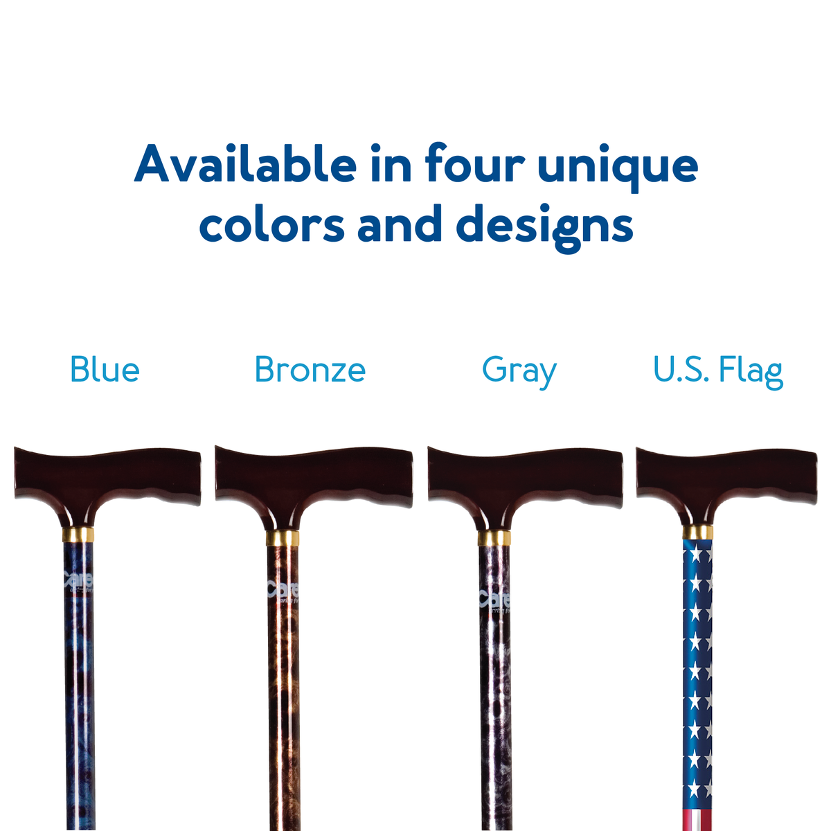 The Carex Designer Derby Cane’s colors: blue, bronze, gray, and US flag