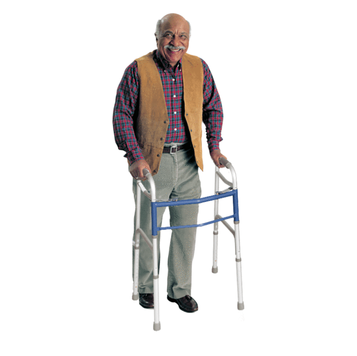 An elderly man using the Carex Classics Dual-Button Walker on a white background.