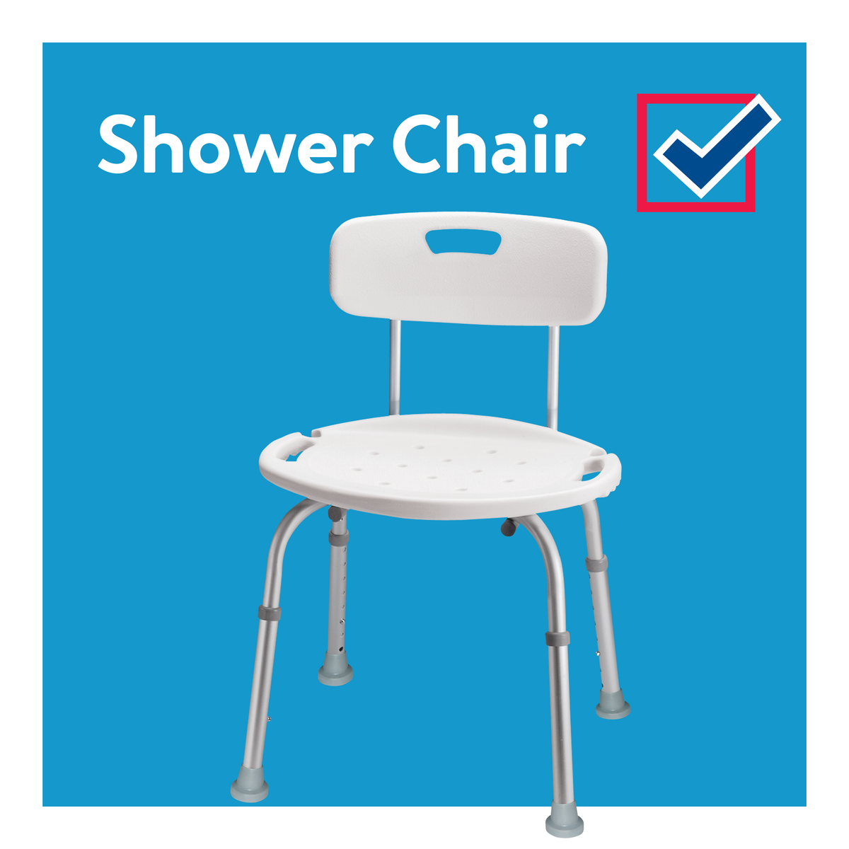 A shower chair on a blue background next to a checkmark