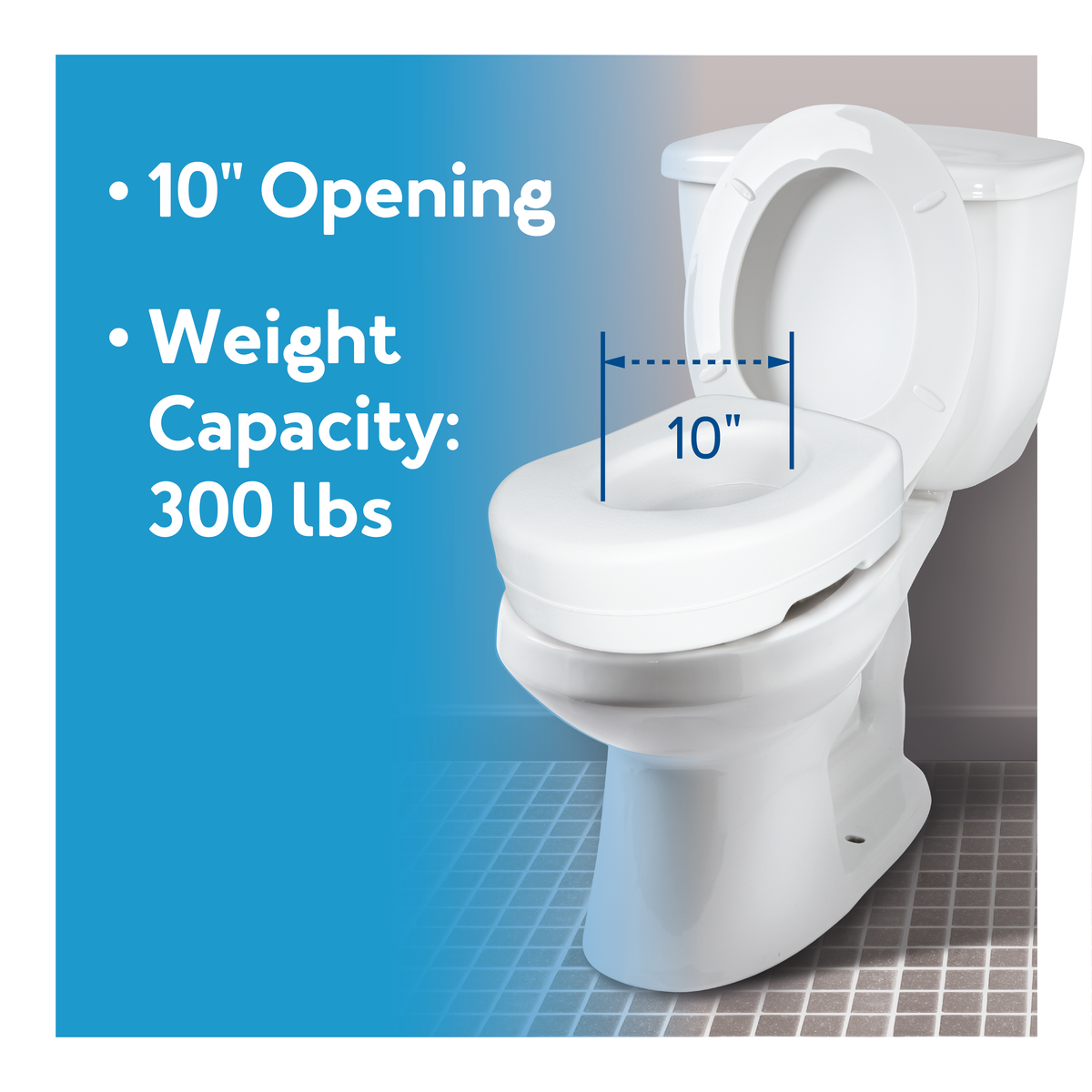 The Carex Raised Toilet Seat with text showing 10” opening and 300 lbs weight capacity
