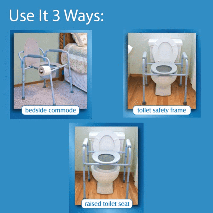 A collage of the Carex Deluxe Folding Commode being used in three ways: as a bedside commode, toilet safety frame, and raised toilet 