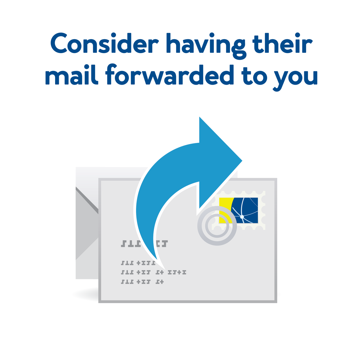 A cartoon envelope. Text, “Consider having their mail forwarded to you”