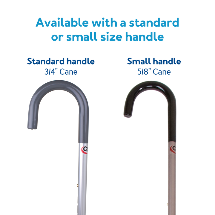 Carex Aluminum Round Handle Cane on white background in two sizes, small handle 5/8 cane and standard handle 3/4 cane