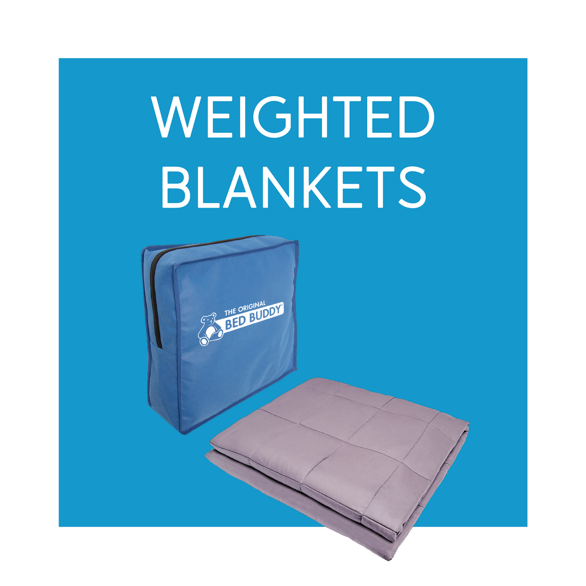 A weighted blanket. Text, “weighted blankets”