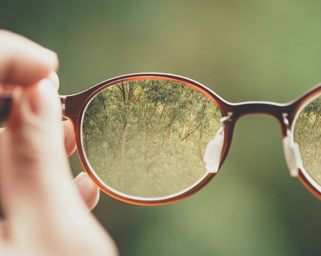 Close up of glasses looking at trees with a blurry background