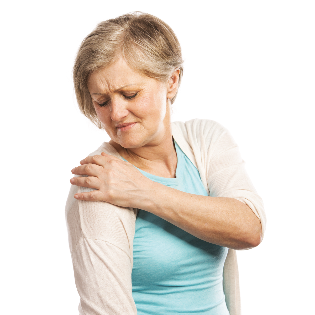 An elderly woman with shoulder pain