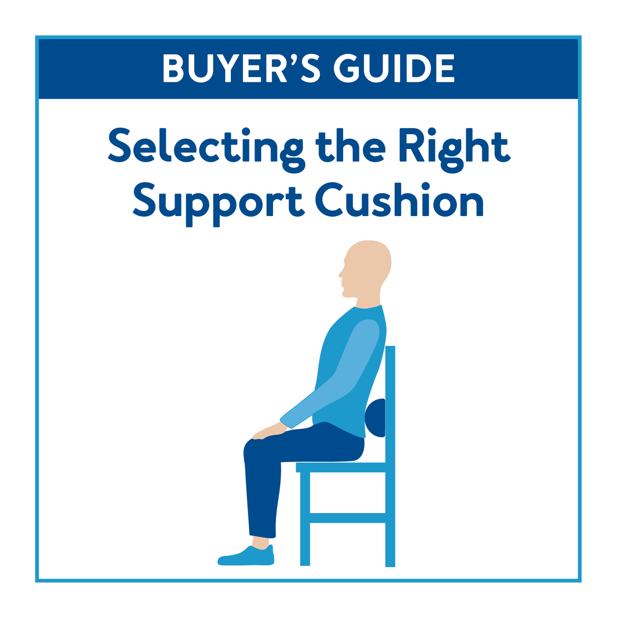 A graphic of a person sitting with a cushion. Text, buyers guide: selecting the right support cushion