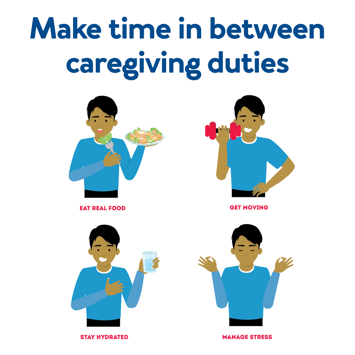 Caregiver tips: A graphic of a caregiver doing various actions : Further details are provided below