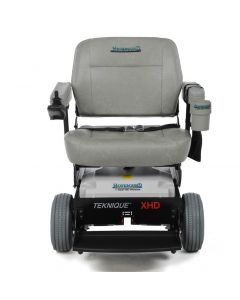 A gray heavy-duty electric wheelchair