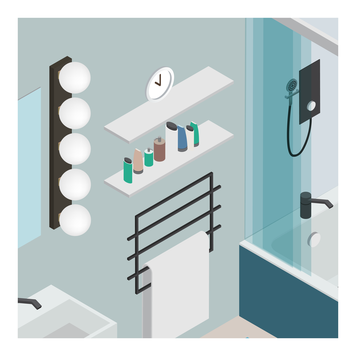 A bathroom graphic with toiletries zoomed in