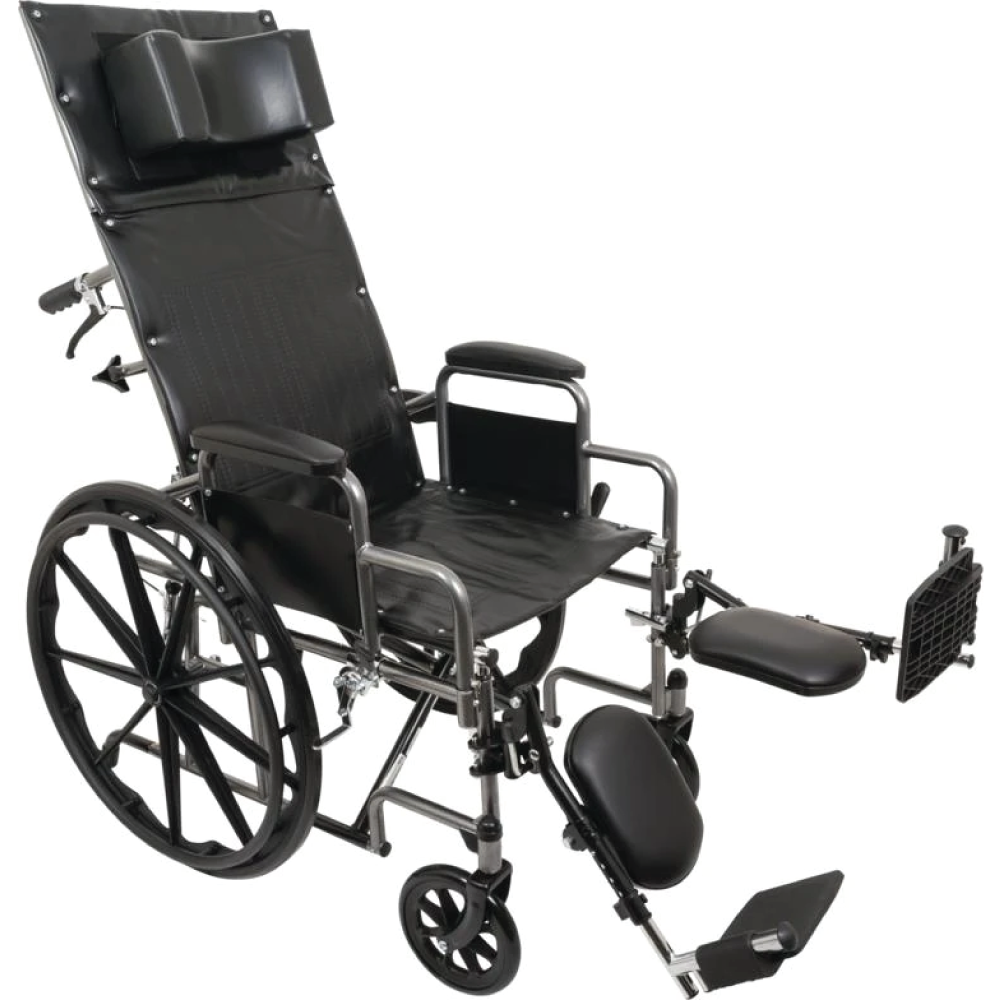 A black reclining wheelchair with a raised legrest
