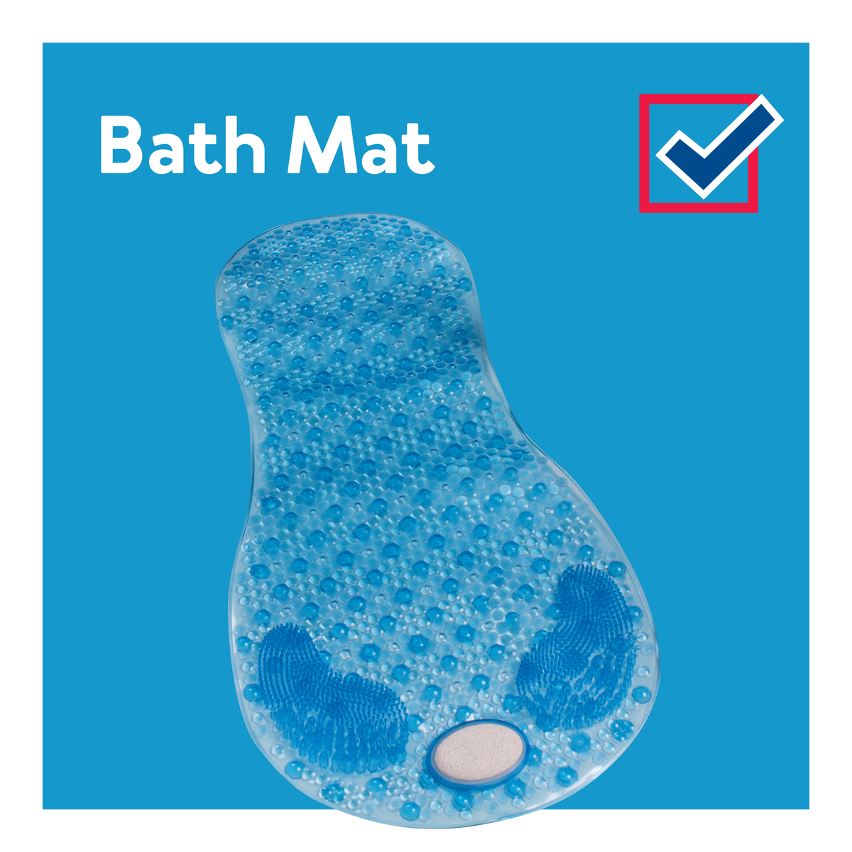A bath mat on a blue background next to a checkmark