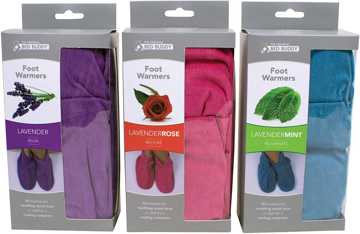 All three variations of the Bed Buddy Foot Warmers in their boxes