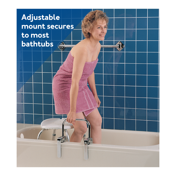 A woman using the Carex Bathtub Rail on a bathtub. Text, “Adjustable mount secures to most bathtubs”