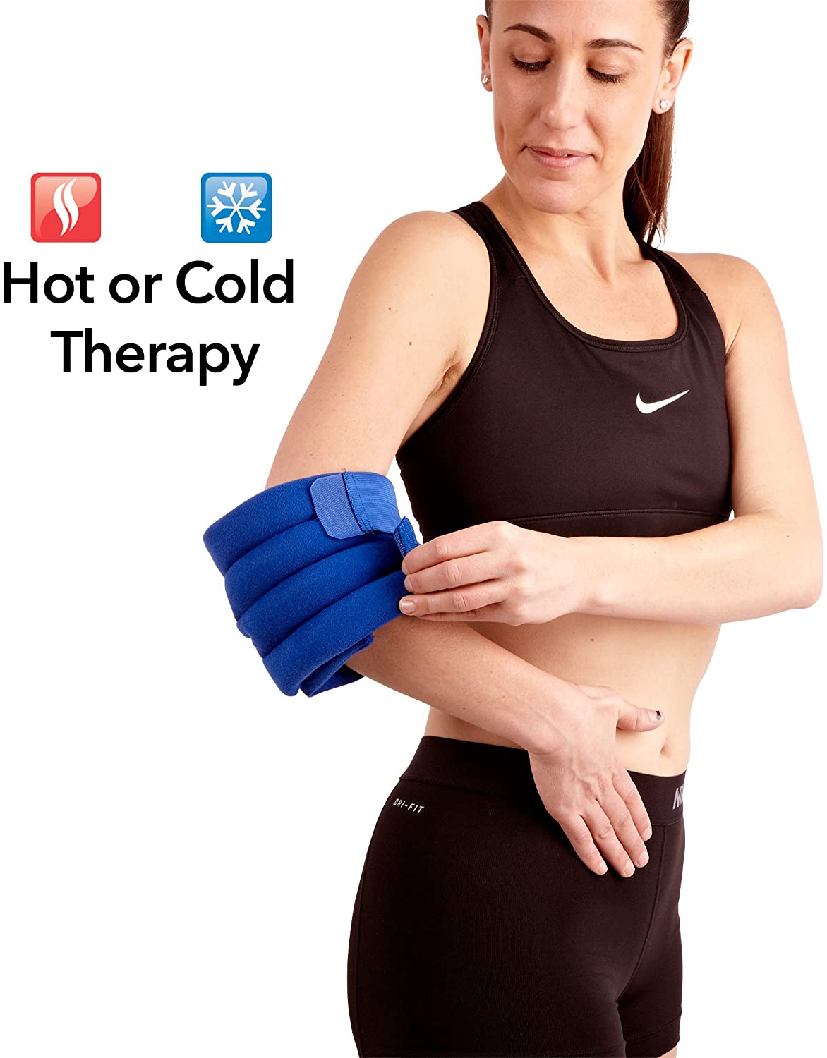 A woman placing the Bed Buddy Joint Wrap over her elbow