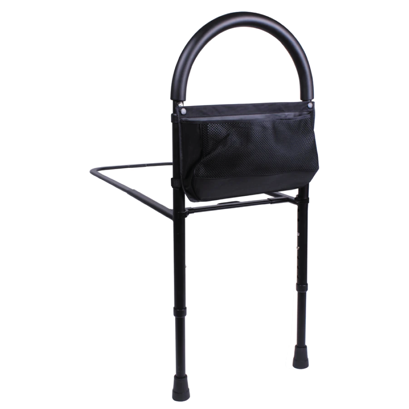 A black bed rail with a bag and padded handle