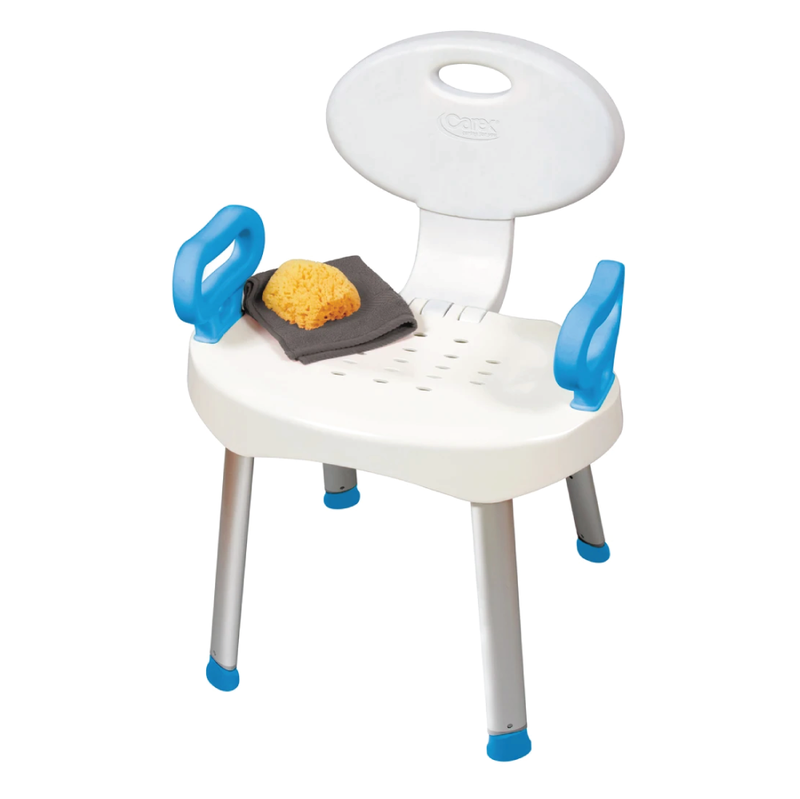 White bath seat with blue raised handles and silver legs