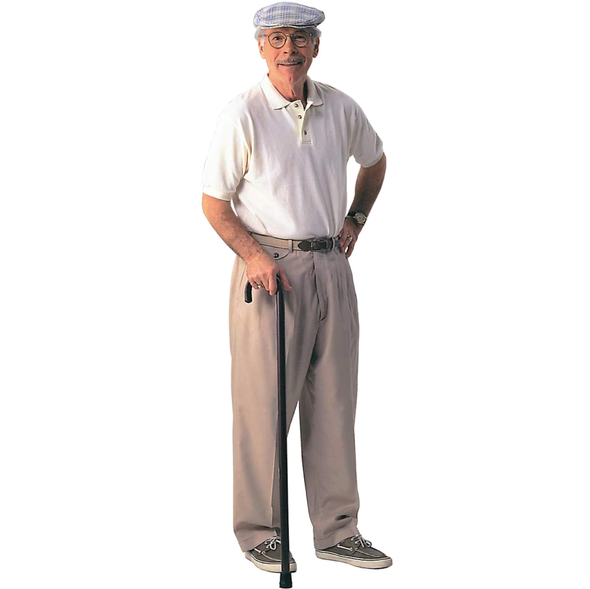 An elderly man using the Carex Round Handle Wooden Walking Cane on a white background