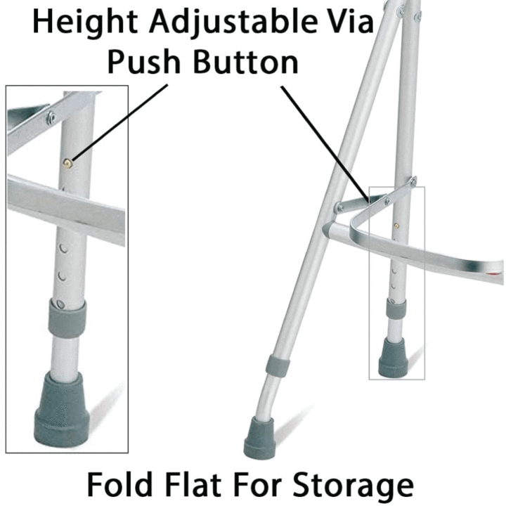 A close up of the Carex Folding Hemi Walker. Text, “Height adjustable via push button. Fold flat for storage.”