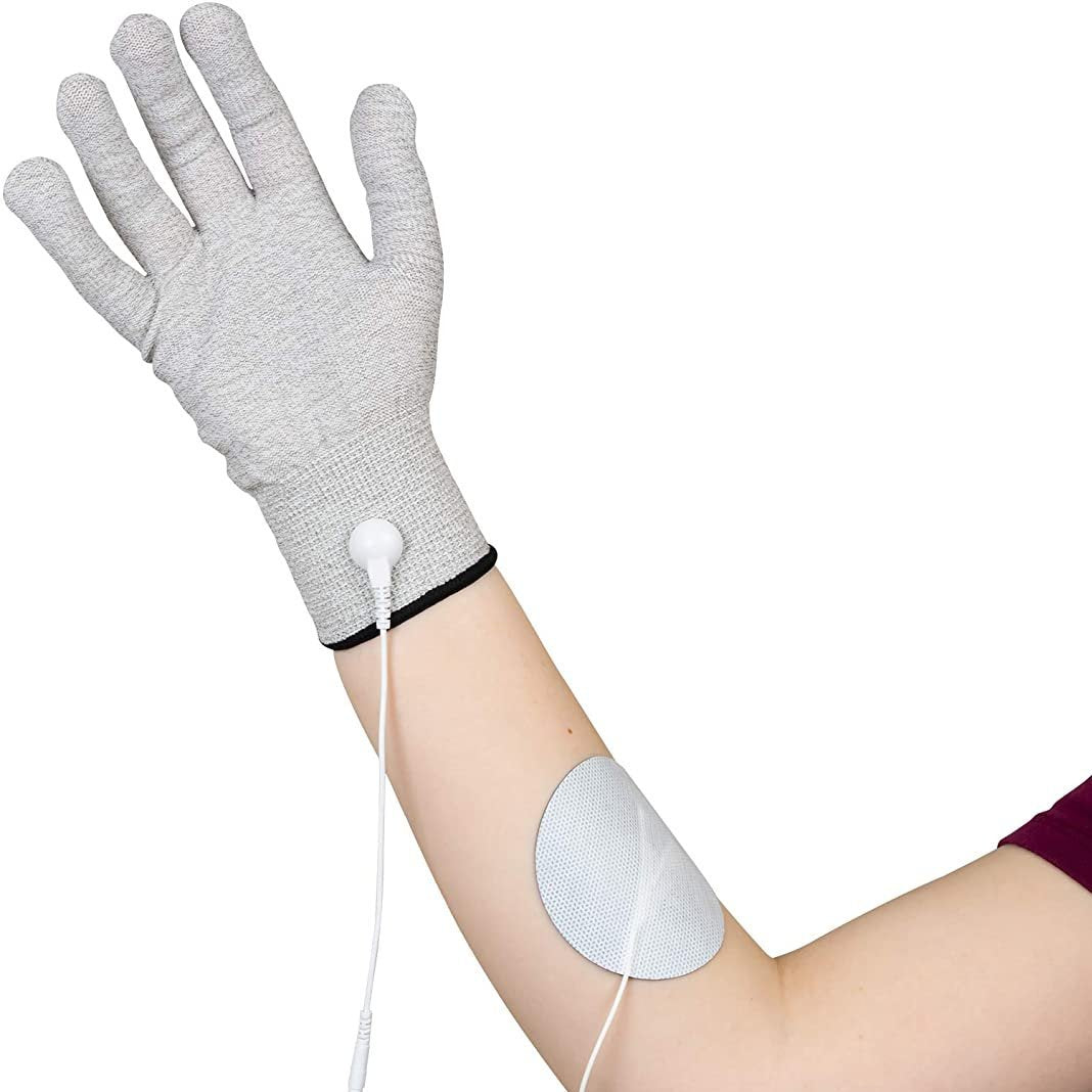 The TENS 7000 Conductive TENS Gloves being worn on a white background