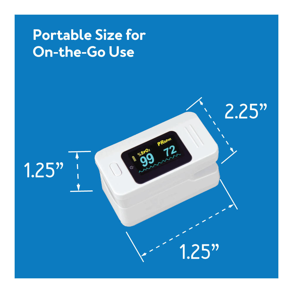 A pulse ox on a blue background with diagrams showin the size. Text, Portable size for on-the-go use.