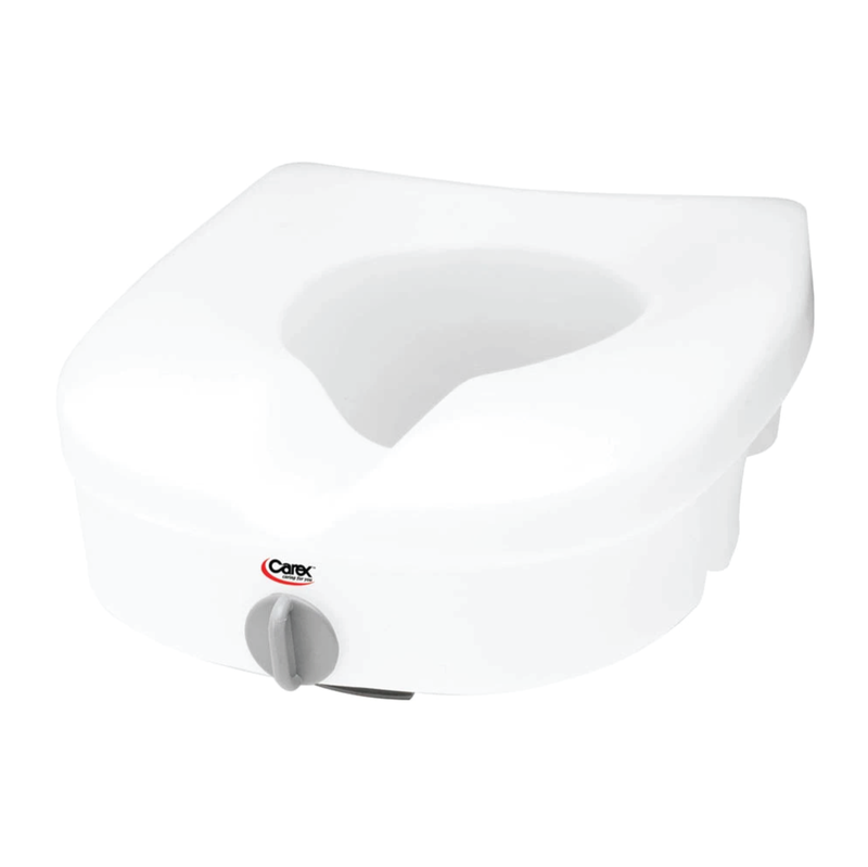 A white raised toilet seat with a knob on the front