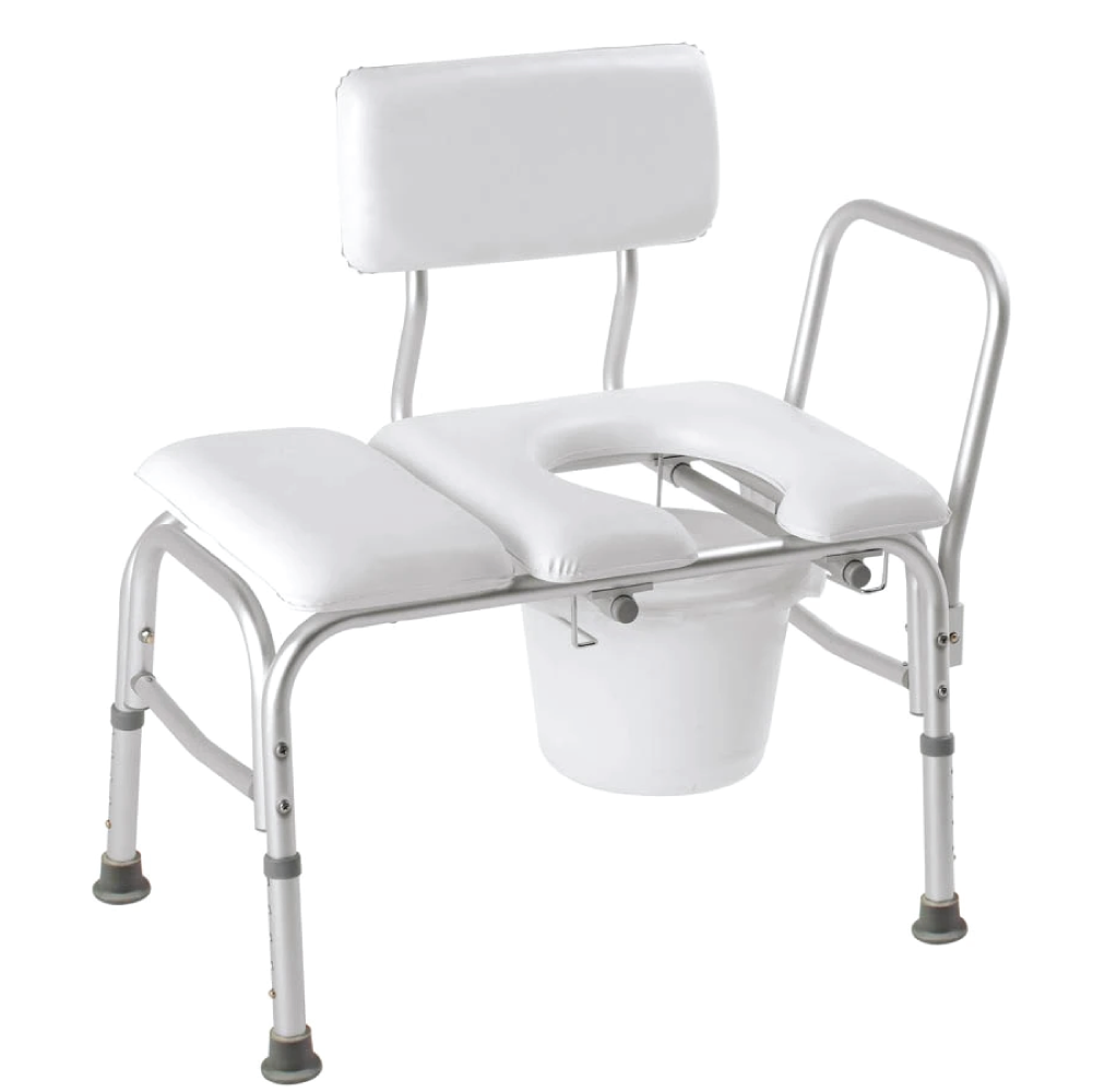 White transfer bench with metal legs, padding, and bucket