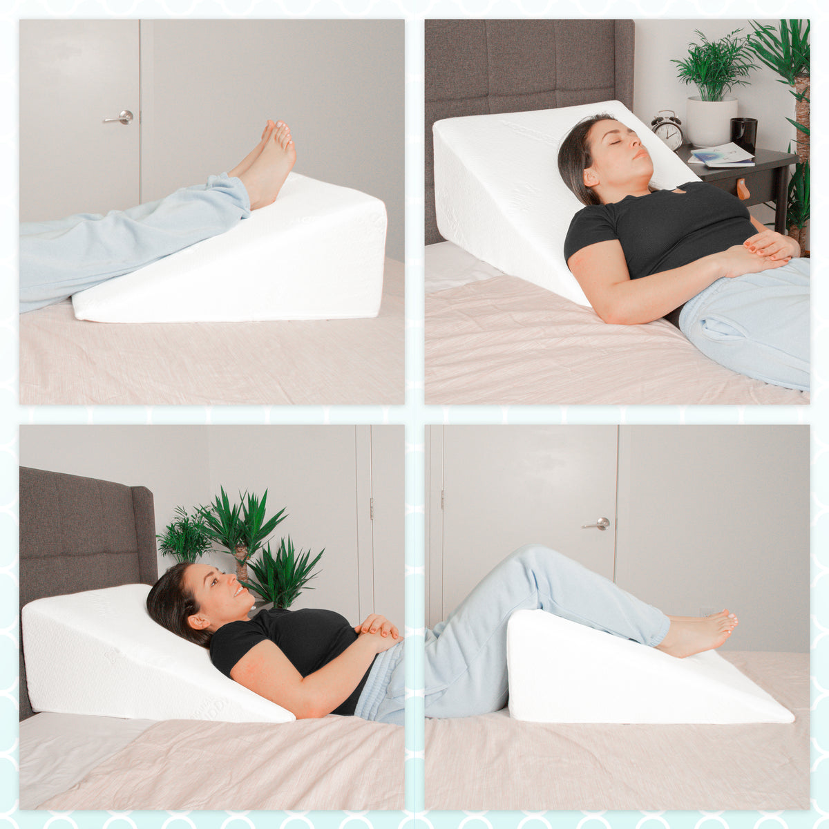 A collage of images showing various wedge pillow uses
