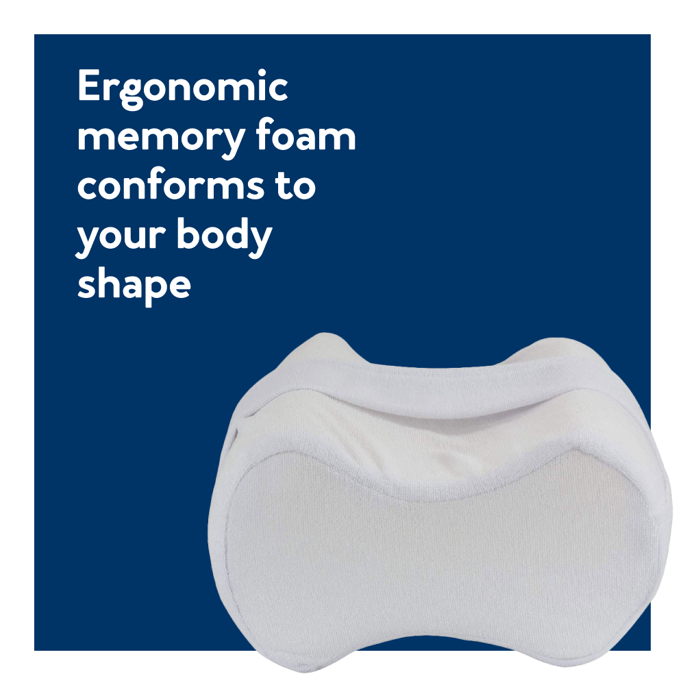 Roscoe Knee Pillow on blue background. Text, “Ergonomic memory foam conforms to your body shape”