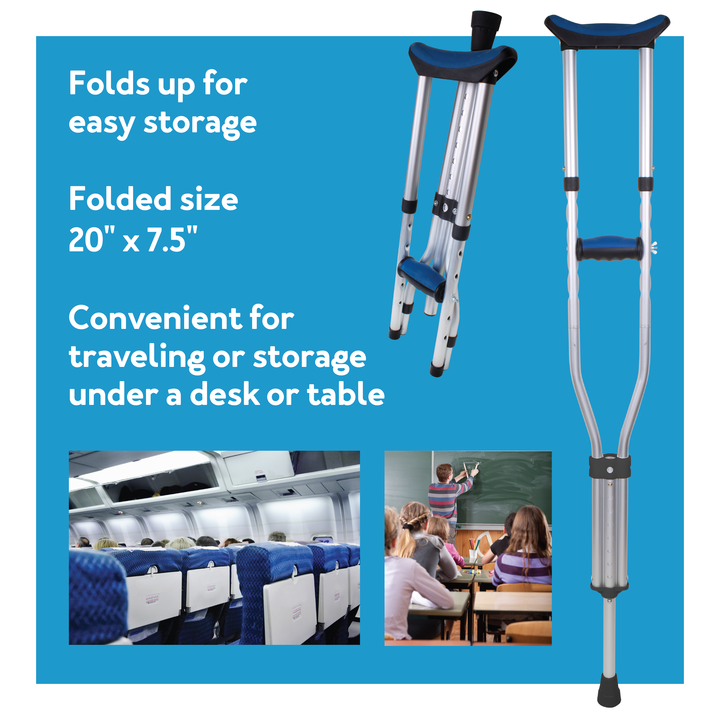 The Carex Folding Crutches on a blue background. Text showing folding, size, and convenience. 