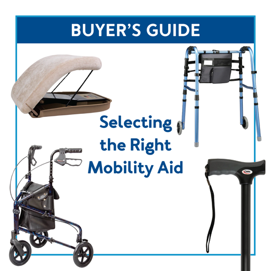 Various mobility aids surrounded by a blue border with text , Buyer’s Guide: Selecting the Right Mobility Aid.