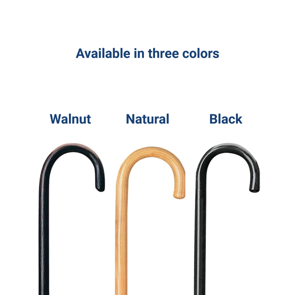 The Carex Round Handle Wooden Walking Cane avalable in three colors: walnut, natural, and black.
